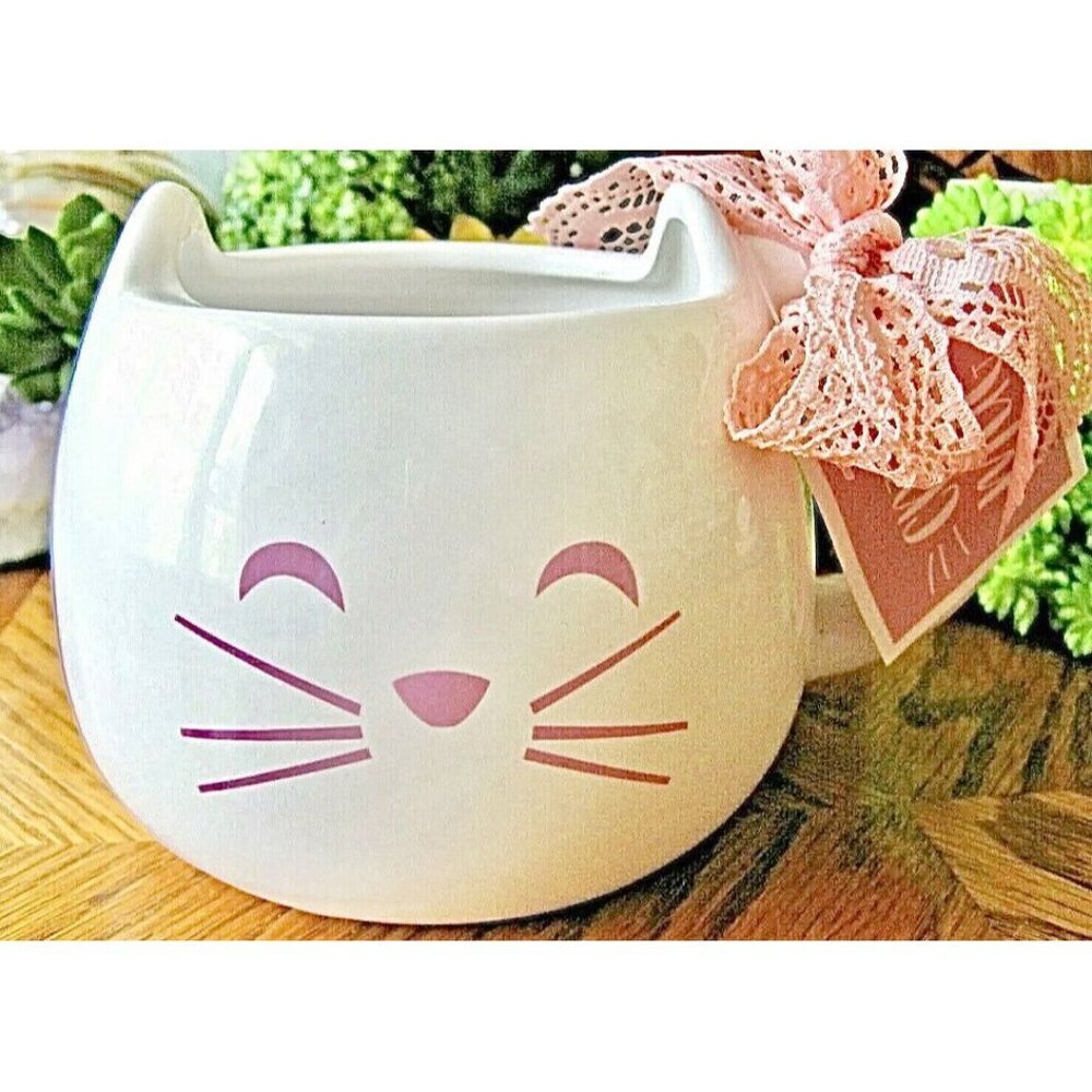 New XL Pink & White Cat Ceramic Coffee Tea Mug Cup w/ Bow
